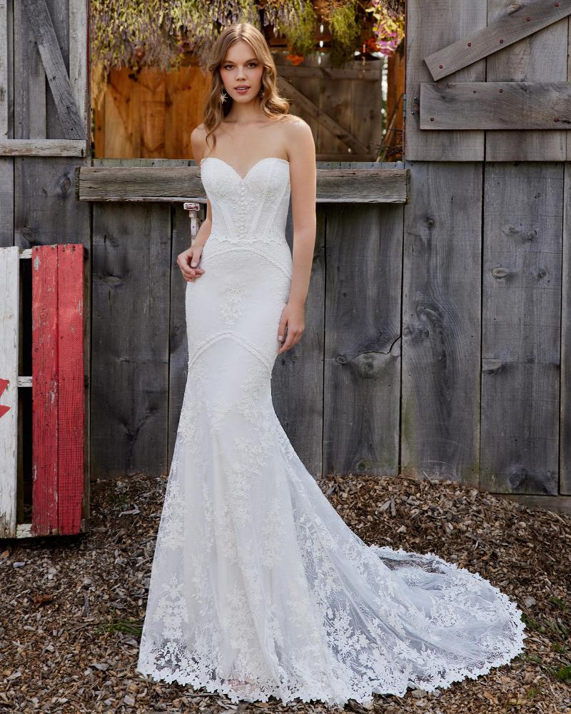 Lp2227 strapless boho wedding dress with lace and sheath silhouette4